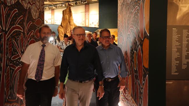 Territory historian Jared Archibald, Prime Minister Anthony Albanese and Member for Solomon Luke Gosling at the MAGNT Cyclone Tracy exhibition on December 24, 2024. Picture: Sam Lowe