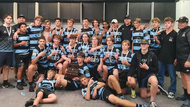 Maroochydore Swans U15s rugby union side celebrate winning their third premiership in a row. Picture: Contributed.