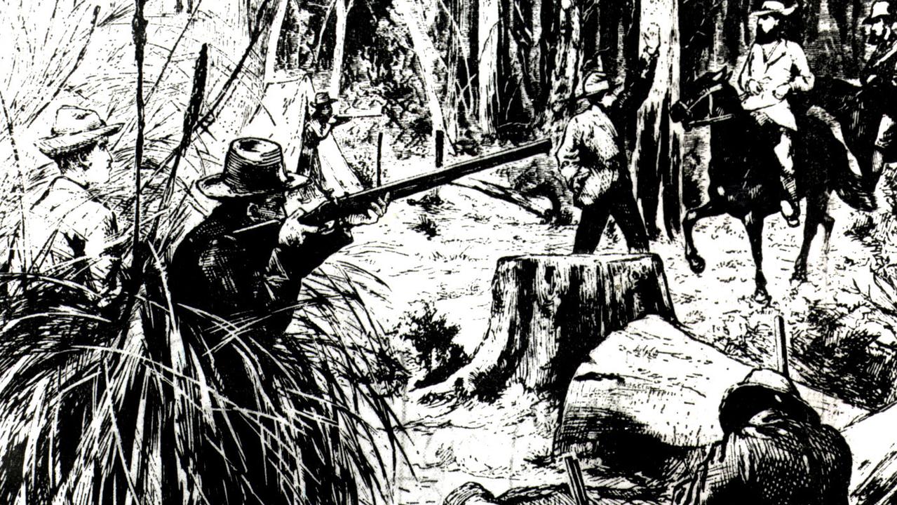 Art - drawing sketch of the shoot-out between Aust bushranger Ned Kelly, his gang and police troopers at Stringybark Creek 1880s. historical