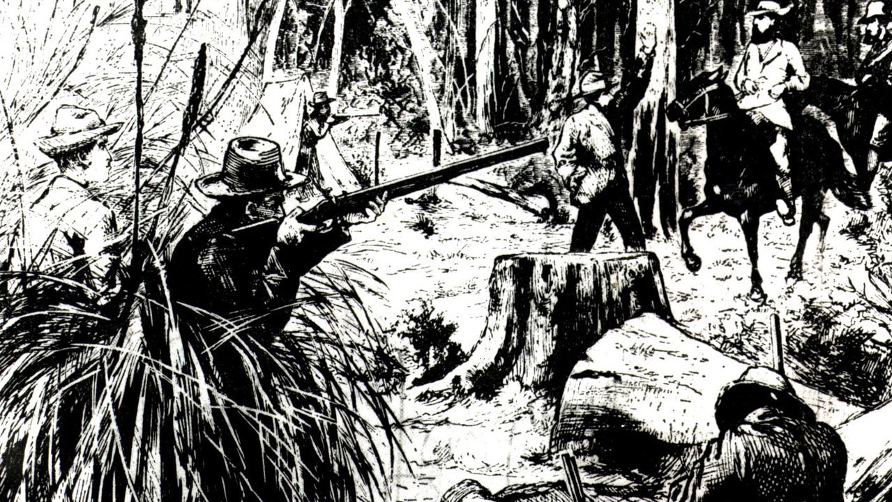 A drawing of a shootout between bushranger Ned Kelly and his gang against police at Stringybark Creek in the 1880s. Kelly was only a child in the Gold Rush but he went on to become more famous than even Captain Melville.