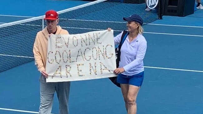 John McEnroe and Martina Martina Navratilova stage their on-court protest.