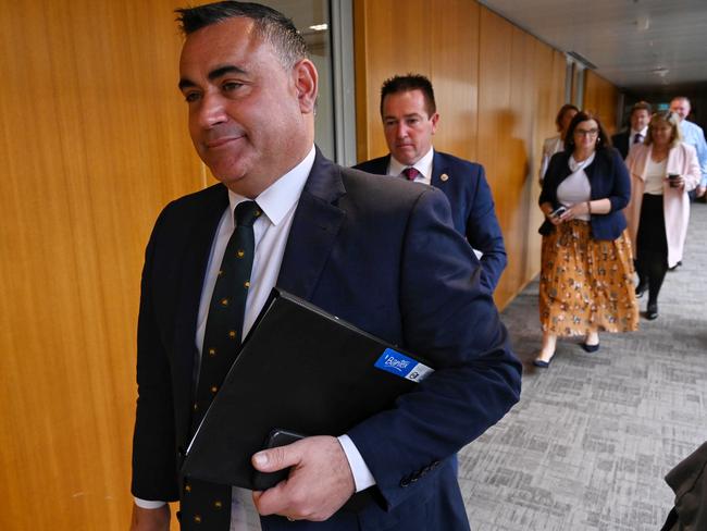 Leaving the Nationals meeting where MPs decided not to follow through with their threat to leave the Coalition. Picture: Nick Moir/Getty