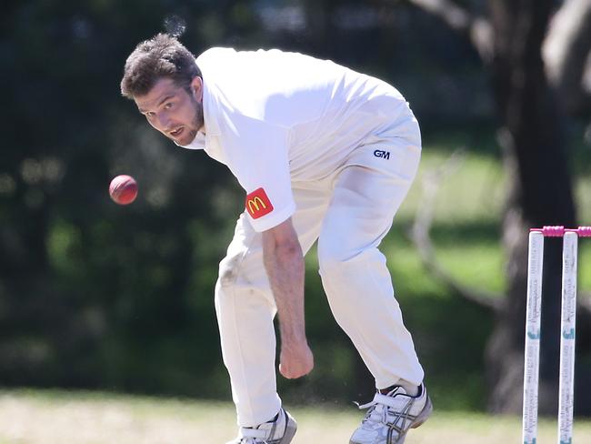 Guy Davies bowling. Weldon Oval - pics from day two of Shires cricket - Warringah v Pennant Hills.