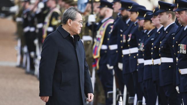 Premier Li Qiang inspects the guard of honour at Parliament House in Canberra. Picture: NewsWire / Martin Ollman