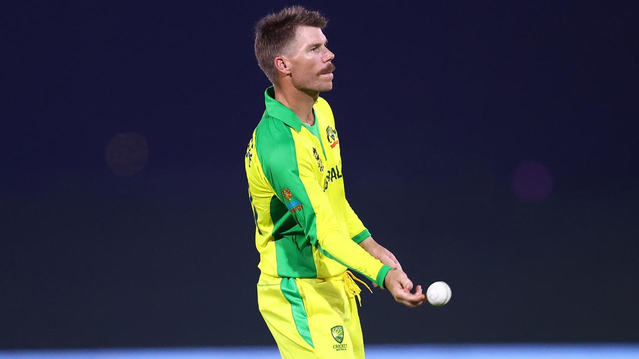 David Warner was out for a duck in Australia’s warm-up match against New Zealand on Tuesday morning. Picture: Michael Steele / 2021 ICC