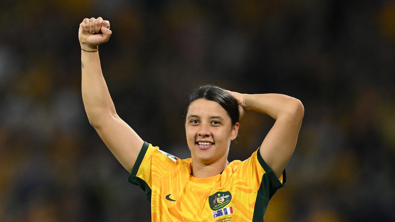 Sam Kerr gifts young Matildas fan Zara Borcak winning jersey at Suncorp  Stadium after victory against France