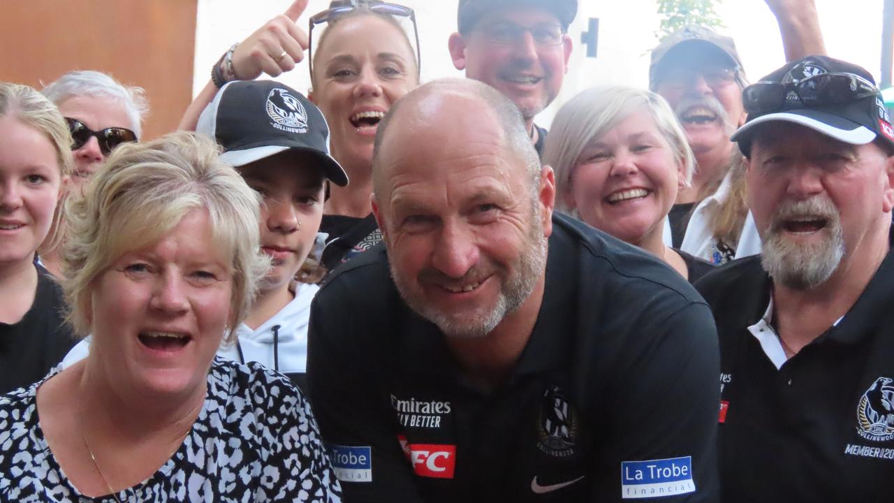 Collingwood CEO Craig Kelly with Magpies fans at Launceston's Sports Garden Motel on Thursday. Picture: Jon Tuxworth