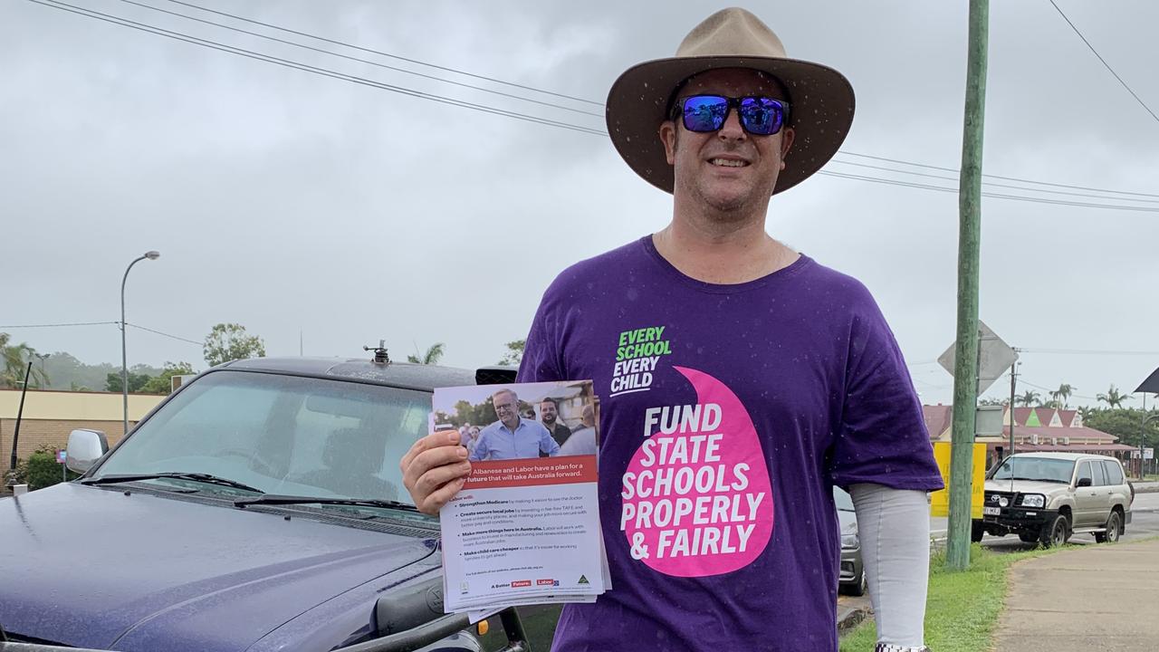 Volunteer Tom Petitt outside St Luke's Hall in Sarina in the Capricornia electorate. Mr Petitt was handing out how to vote cards for Labor's Russell Robertson. Federal election 2022. Picture: Duncan Evans