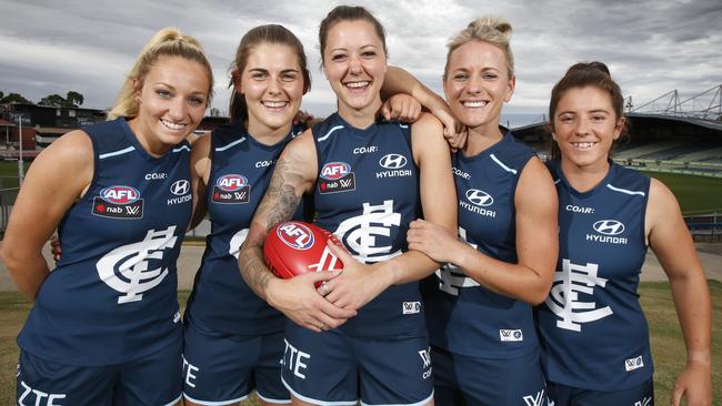 (From left) Blues’ Sarah Hosking, Madeline Keryk, Bianca Jakobsson, Katie Loynes and Natalie Plane. Picture: David Caird