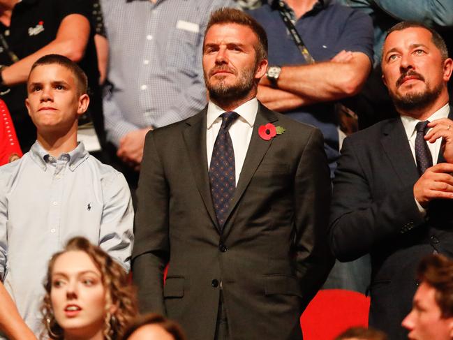 David Beckham and son Romeo Beckham during the Invictus Games Closing Ceremony on Saturday. Picture: Chris Jackson/Getty Images