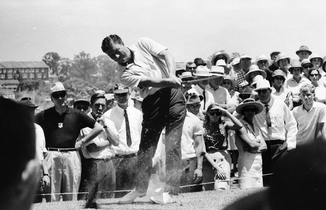 Peter Thomson tees off during the Australian Open at RQGC in 1966.