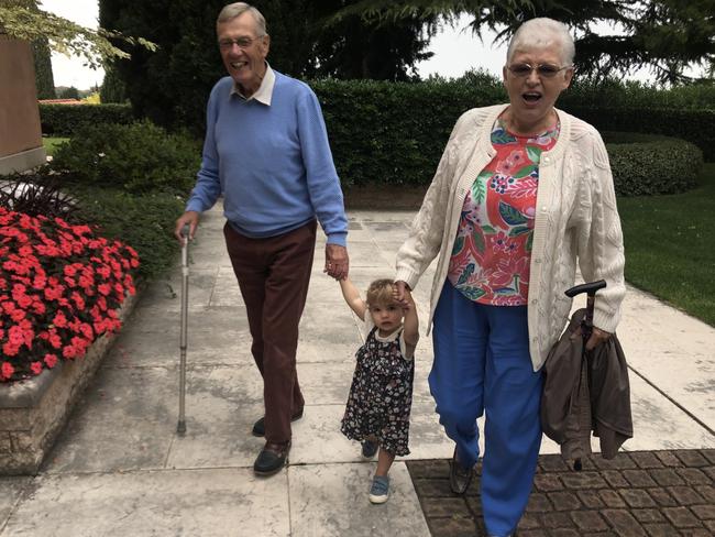 Grandparents Don and Angela Blackford, with Cara James, have not seen each other since the pandemic began. Picture: Supplied.