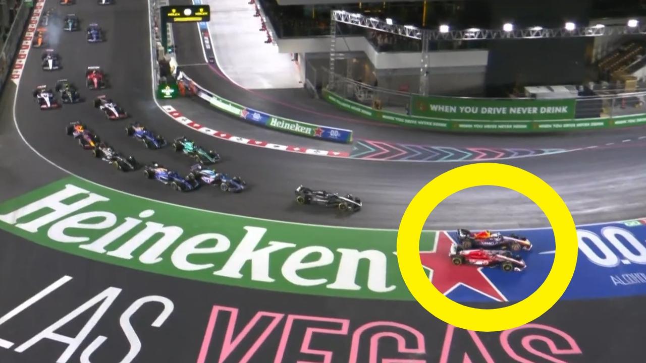 Max Verstappen pushed Charles Leclerc wide on the first corner.