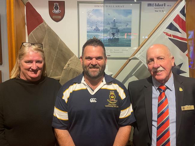 HMAS Ballarat commissioning crew members Felicity Coe and Daniel Hooper, and veterans advocate Phil Carter at the Ballarat RSL.