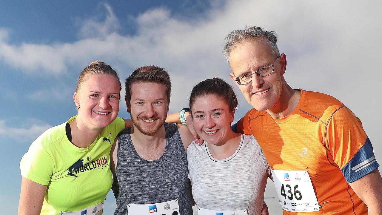 (L-R) Jess Bugeja, Zac Cooke, Sophie Briggs and Christopher Bitt about to start running in the 11km 2019 City to Casino.Picture: LUKE BOWDEN