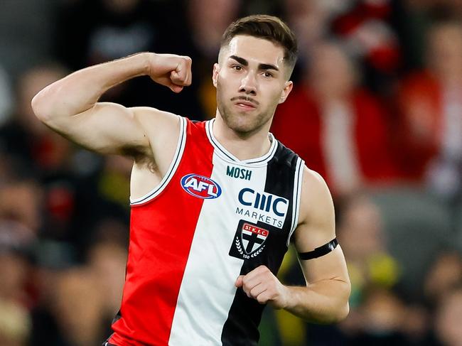 MELBOURNE, AUSTRALIA - AUGUST 13: Jade Gresham of the Saints celebrates a goal during the 2023 AFL Round 22 match between the St Kilda Saints and the Richmond Tigers at University of Tasmania Stadium on August 13, 2023 in Melbourne, Australia. (Photo by Dylan Burns/AFL Photos via Getty Images)