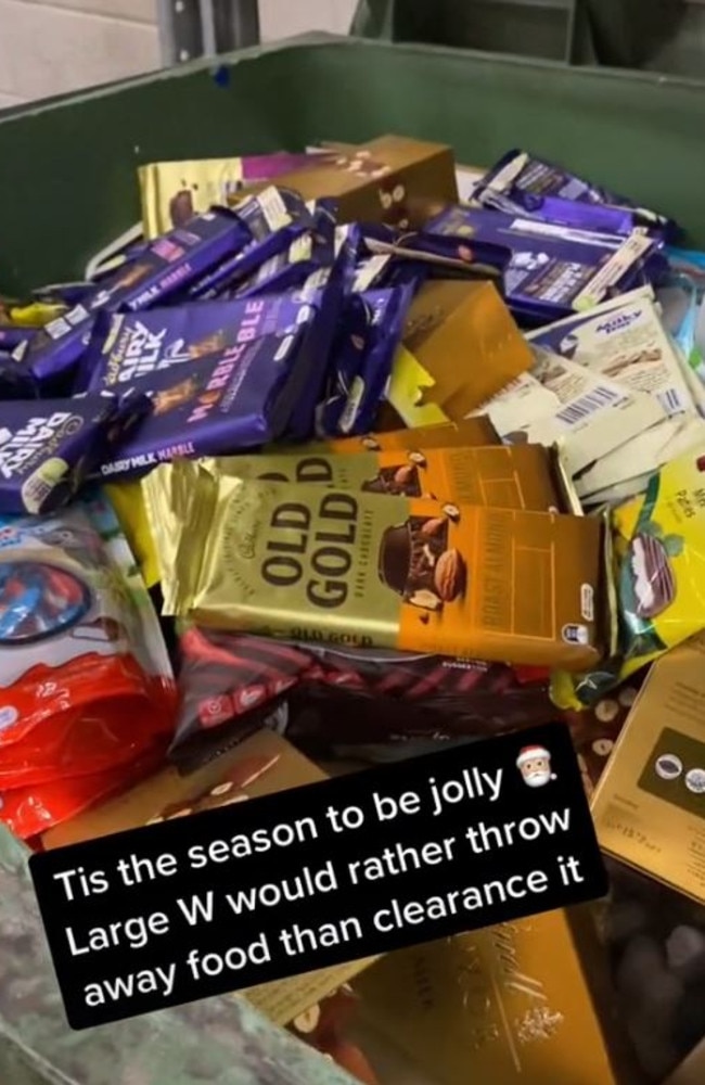 A video showing a bunch of unopened chocolate blocks from Big W had been tossed in a skip. Picture: TikTok/mikatatjana98