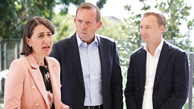 Premier Gladys Berejiklian joined MP Tony Abbott and Manly MP James Griffin at the hospice announcement on Saturday. Photographer: Adam Yip