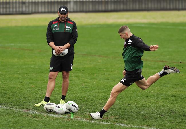 Adam Doueihi and Greg Inglis train together at Redfern Oval. Picture: Brett Costello