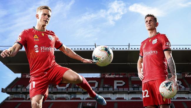 Adelaide United Scandinavian duo, Kristian Opseth and captain Michael Jakobsen at Coopers Stadium on Thursday ahead of the season opener. Picture SARAH REED