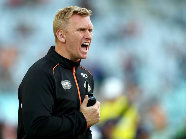 Tigers coach Andrew Webster during the round 5 NRL game between the Wests Tigers and the St George Illawarra Dragons at ANZ Stadium , Homebush . Picture : Gregg Porteous