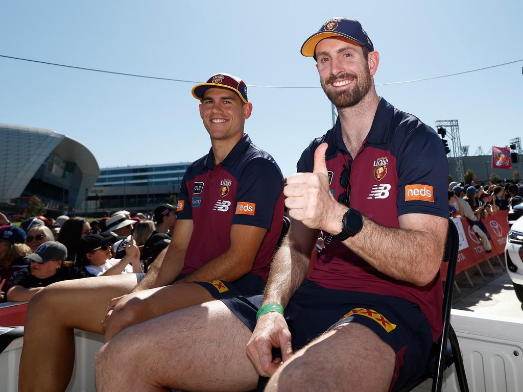 Darcy Gardiner and Brandon Starcevich during last year’s Grand Final parade. Picture: Michael Willson/AFL Photos via Getty Images