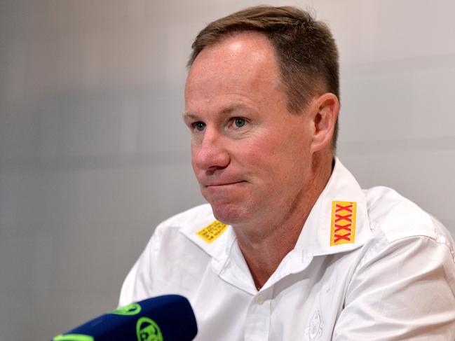 BRISBANE, AUSTRALIA - JUNE 27: Coach Justin Holbrook of the Titans talks at a press conference after the round seven NRL match between the Brisbane Broncos and the Gold Coast Titans at Suncorp Stadium on June 27, 2020 in Brisbane, Australia.  (Photo by Bradley Kanaris/Getty Images)