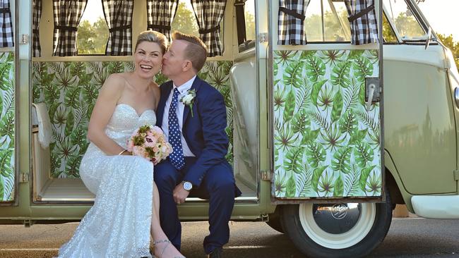 Megan and Jason Hunt postponed their wedding, only to have their plans cancelled on the day due to Covid restrictions. They had a tiny ceremony in a park. Picture: Romana Saeheng