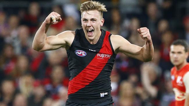 Josh Begley celebrates a goal for the Bombers. Picture: AFL Media