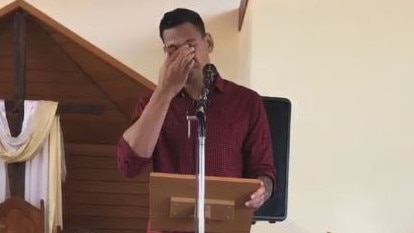 Israel Folau cries while delivering an Easter sermon