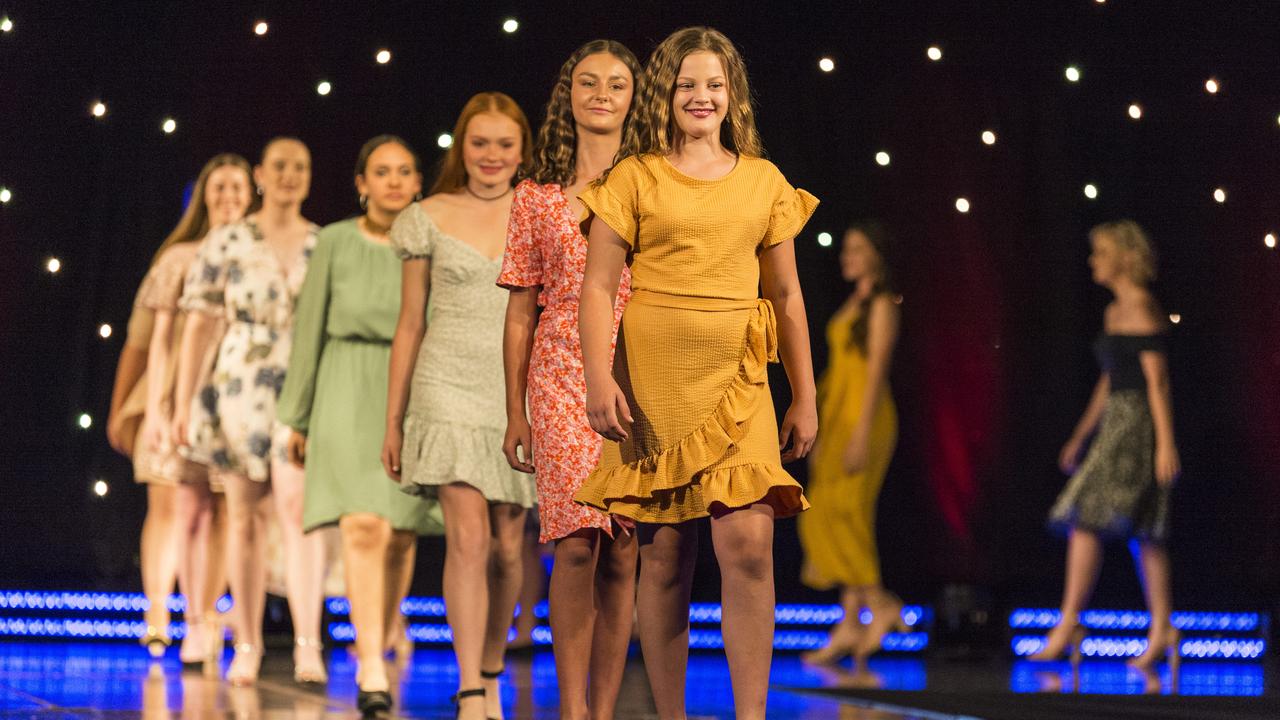 Maya McGrath leads the graduates from a modelling, grooming and deportment course run by Kaye Foley Model Agency on stage at Rumours International, Saturday, November 7, 2020. Picture: Kevin Farmer