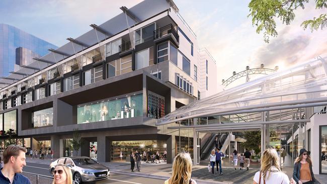 A forecast of what The District Docklands will look like from the Wharf Street entrance