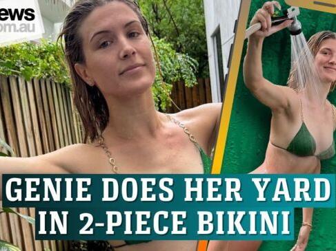 Genie Bouchard turns heads in a green bikini while doing 'yard work'