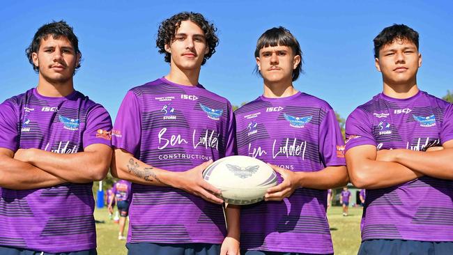 Caloundra State High School rugby league team. Open: Tyrell Hopkins, Tully McLellan, Jack Philp and Jaelym Hohaia. Picture: Patrick Woods.