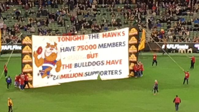 Danny McGinlay’s banner for the Bulldags’ clash with Hawthorn. Picture: Supplied