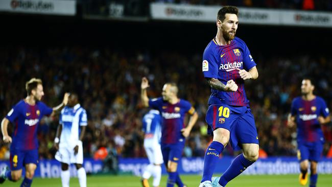 FC Barcelona's Lionel Messi celebrates after scoring.