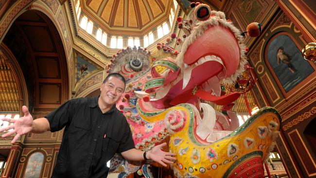 Richard Louey from the Golden Dragon Museum in Bendigo with Sun Loong, the longest Chinese dragon in Australia. Picture: Andrew Henshaw