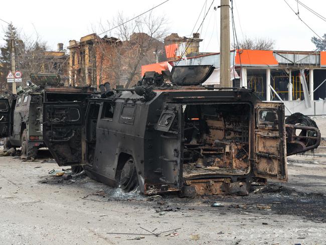 This picture shows Russian infantry mobility vehicles GAZ Tigr destroyed as a result of fight in Kharkiv, located some 50 km from Ukrainian-Russian border. Picture: AFP