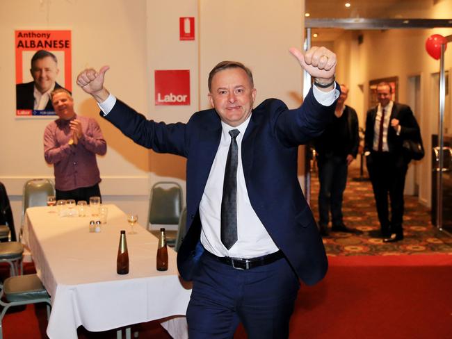 Labor MP Anthony Albanese arrives at his post election party at the Cyprus Club, Stanmore, after retaining his seat of Grayndler. Picture: Jenny Evans