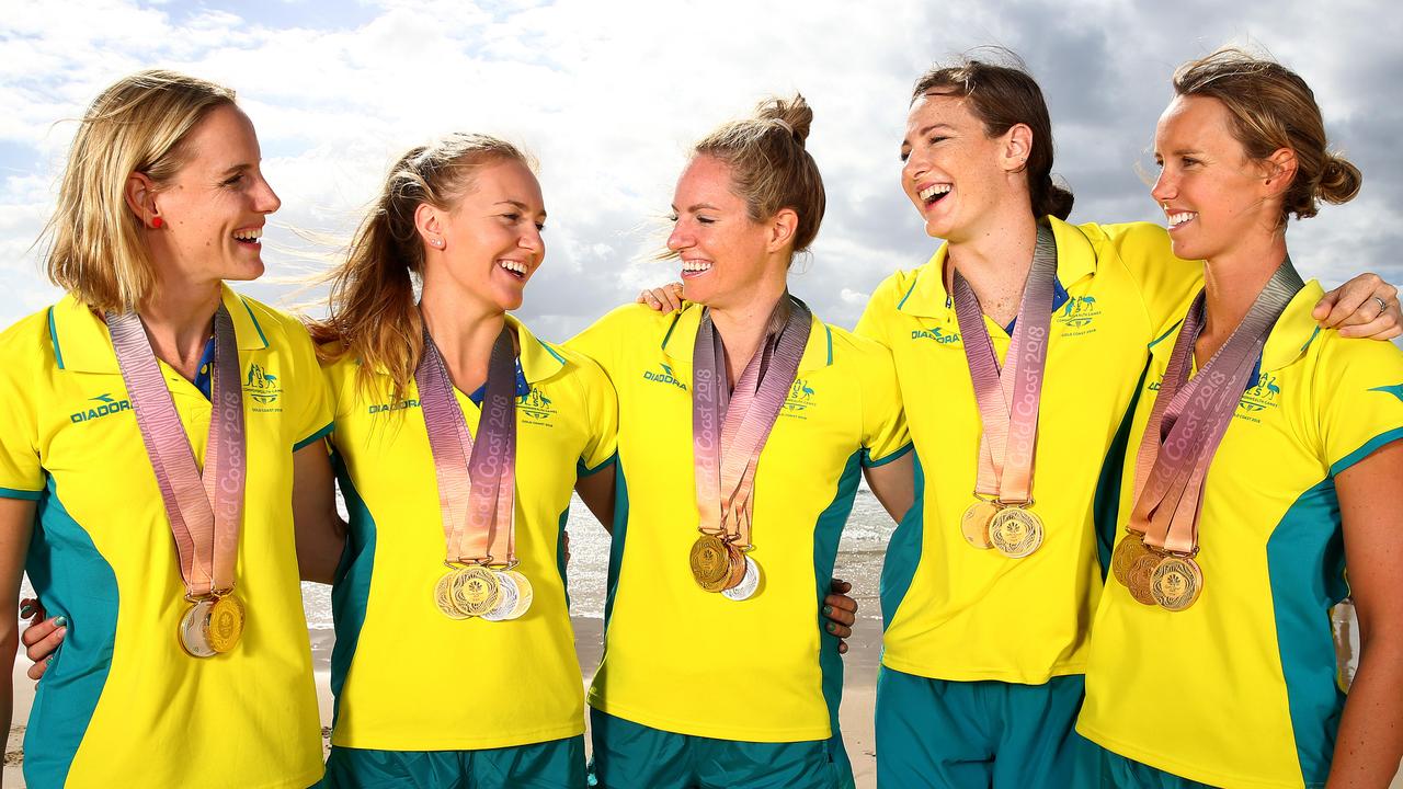 Australian gold medal winners Bronte Campbell, Ariarne Titmus, Emily Seebohm, Cate Campbell and Emma McKeon in 2018. Picture: Adam Head