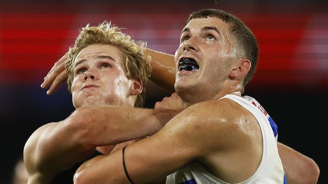 Tom De Koning battles with North Melbourne’s Callum Coleman-Jones. Picture: Getty