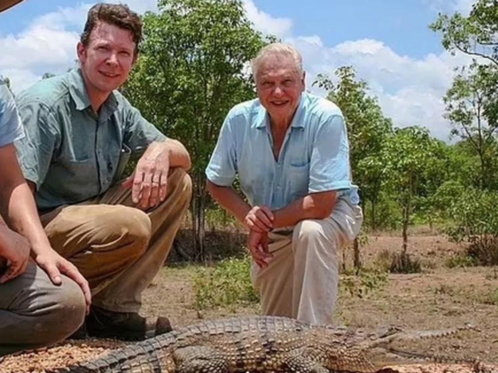 Adam Britton with David Attenborough during filming for BBC documentary Life in Cold Blood.