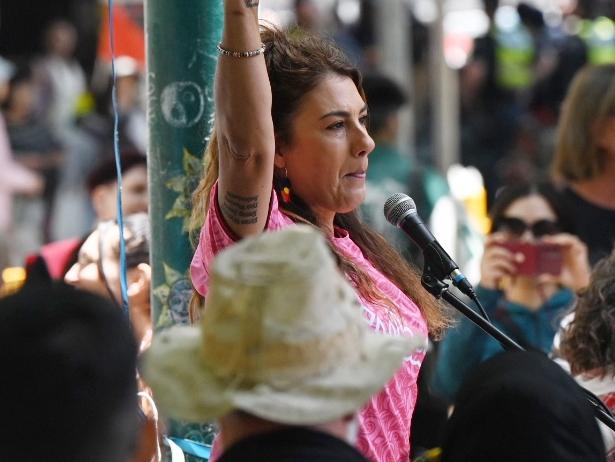 MELBOURNE, AUSTRALIA - NewsWire Photos - Sunday, 8 December 2024. Senator Lydia Thorpe addresses the crowd at a pro Palestinian rally in Melbourne . Picture: NewsWire / Tony Gough