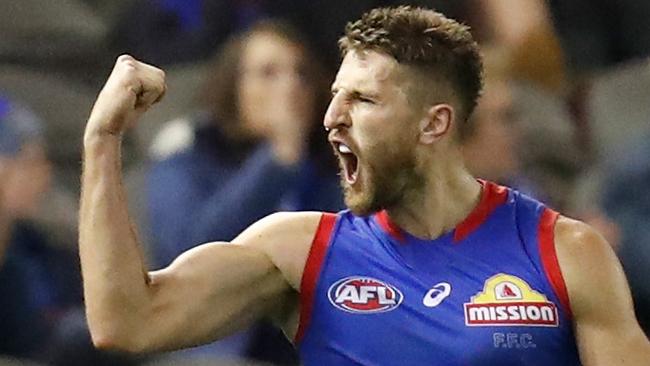 MELBOURNE, AUSTRALIA - MAY 22: Marcus Bontempelli of the Bulldogs celebrates a goal during the 2021 AFL Round 10 match between the Western Bulldogs and the St Kilda Saints at Marvel Stadium on May 22, 2021 in Melbourne, Australia. (Photo by Michael Willson/AFL Photos via Getty Images)