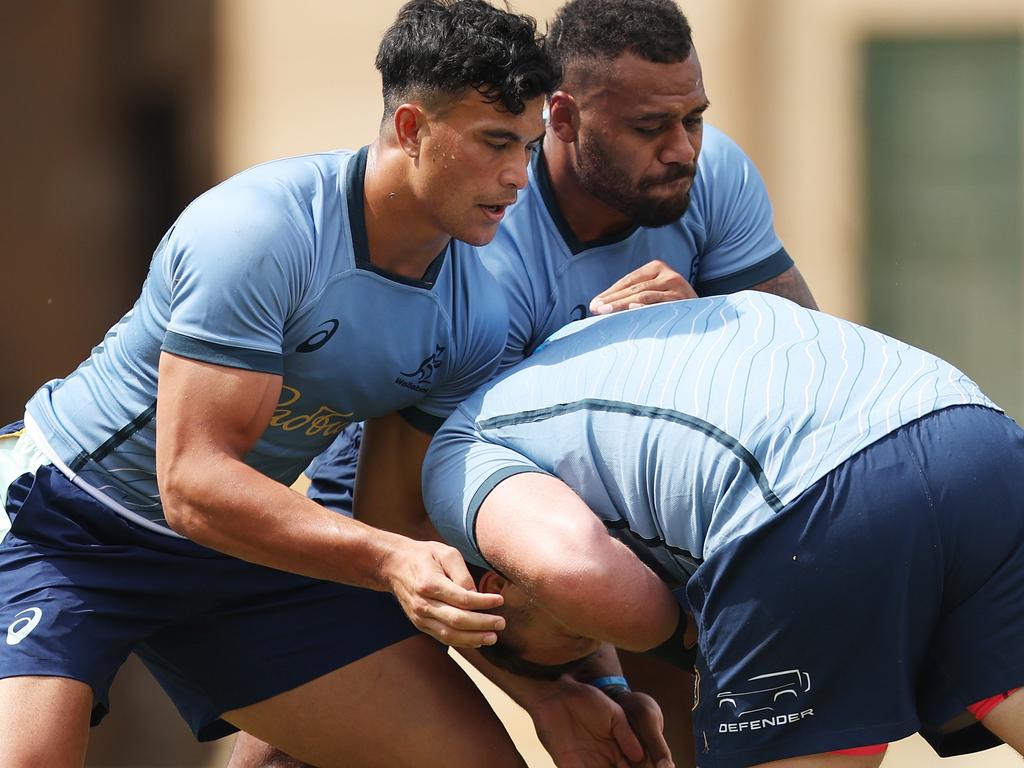 Joseph Suaalii and Samu Kerevi train during a Wallabies training session at Victoria Barracks in Sydney. Picture: Mark Metcalfe/Getty Images