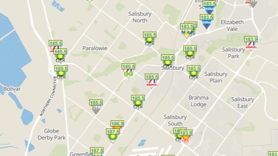 A map showing many of the service stations in the Salisbury Council area. Picture: PetrolSpy