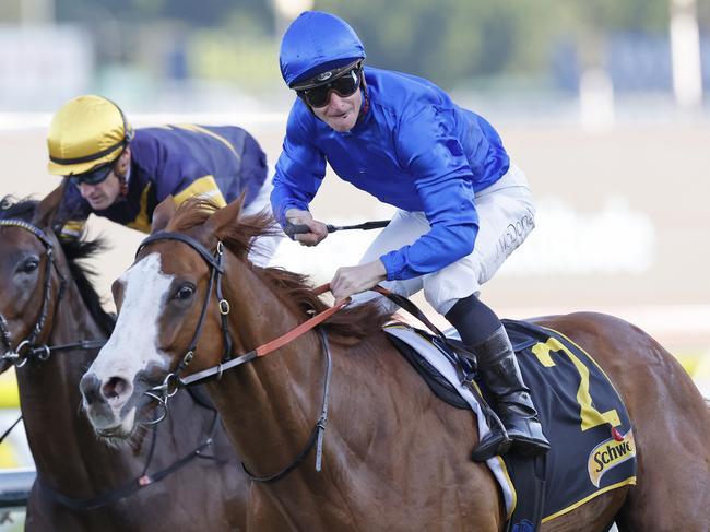 SYDNEY, AUSTRALIA - APRIL 16: James McDonald on Cascadian wins race 8 the Schweppes All Aged Stakes during Sydney Racing All Aged Stakes Day at Royal Randwick Racecourse on April 16, 2022 in Sydney, Australia. (Photo by Mark Evans/Getty Images)