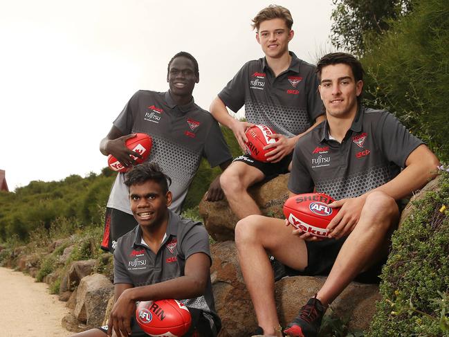 Essendon recruits unveiling and training.  Recruits Irving Mosquito, Tom Jok, Brayden Ham and Noah Gown at Tullamarine today  . Pic: Michael Klein