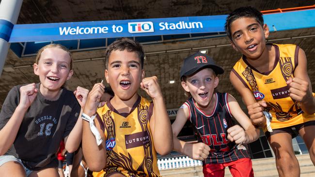 Emmi Hams, Lui Bennell, Taj Hams and Jed Bennell at the Gold Coast Suns v Hawthorn AFL match at TIO Stadium. Picture: Pema Tamang Pakhrin