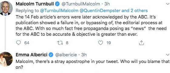 Former ABC reporter Emma Alberici and Malcolm Turnbull